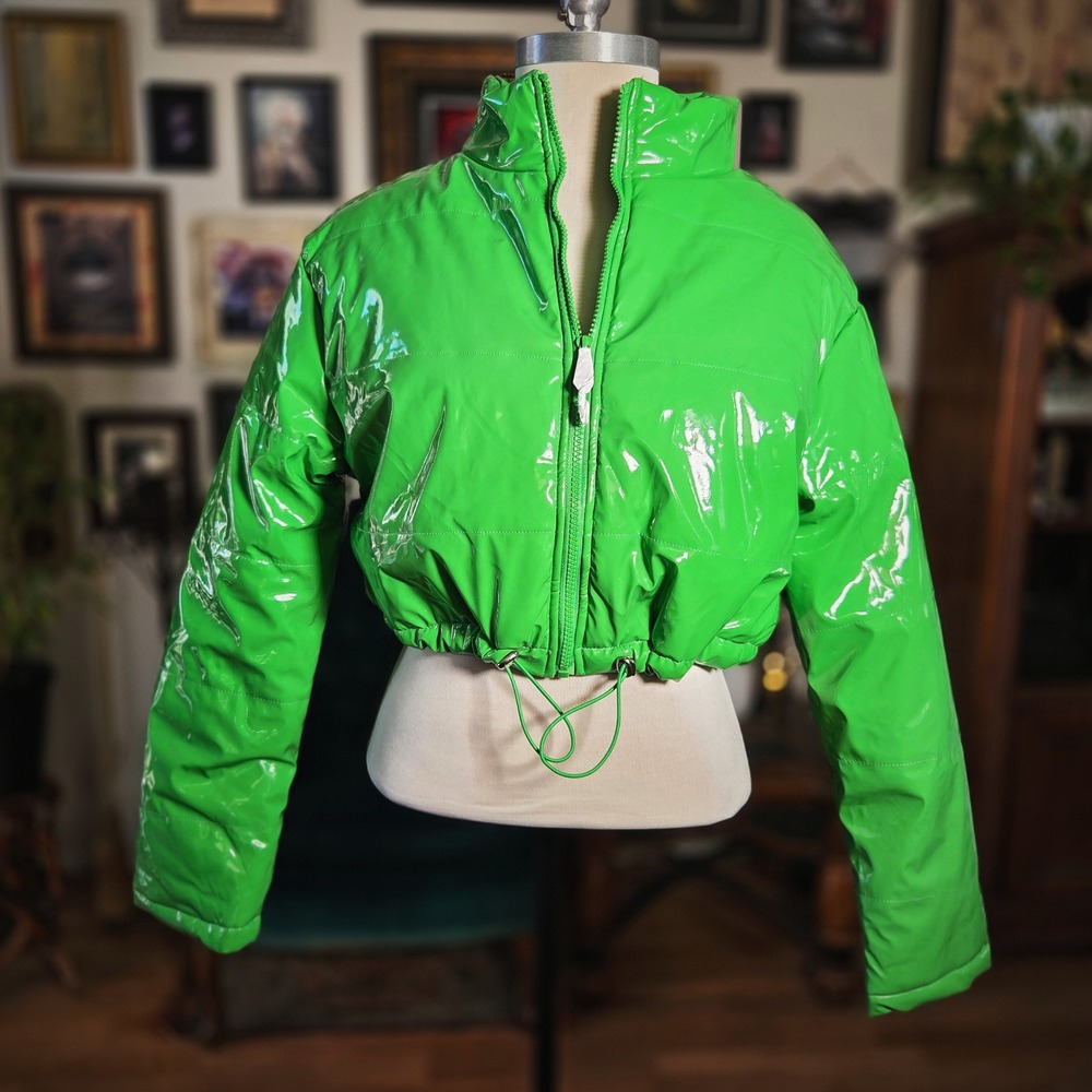 Daisy Puffer Jacket Green Shiny Patent Cropped Vinyl Y2K Streetwear Neon Small